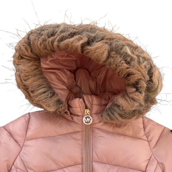 MICHAEL MICHAEL KORS Pink Little Girl’s Belted Hooded Puffer Coat Size 3T Fur - Picture 6 of 10